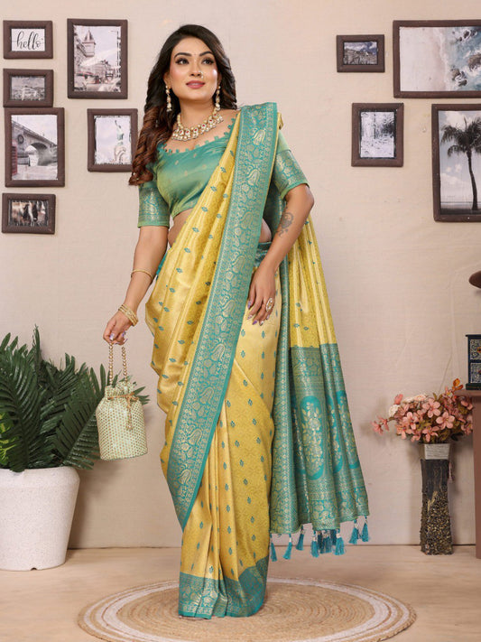 Awesome Tissue SilK Yellow & Sky Color Saree