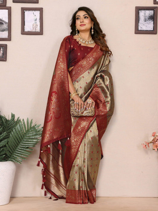 Awesome Tissue SilK Beige & Maroon Color Saree