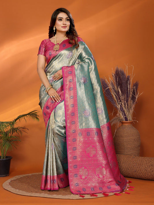 Preferable Banarasi Silk Teal Blue & Pink Color Saree