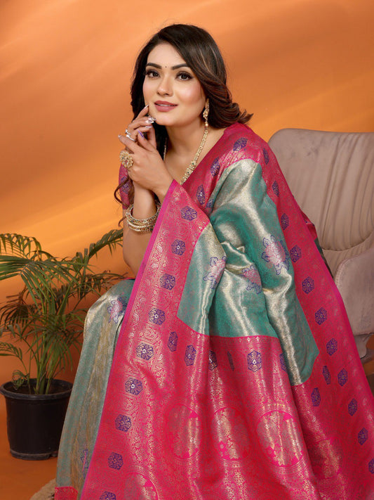 Preferable Banarasi Silk Teal Blue & Pink Color Saree