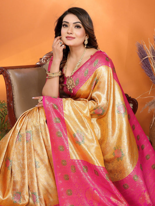 Preferable Banarasi Silk Yellow & Pink Color Saree