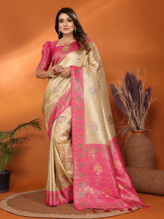 Preferable Banarasi Silk Mustard & Pink Color Saree