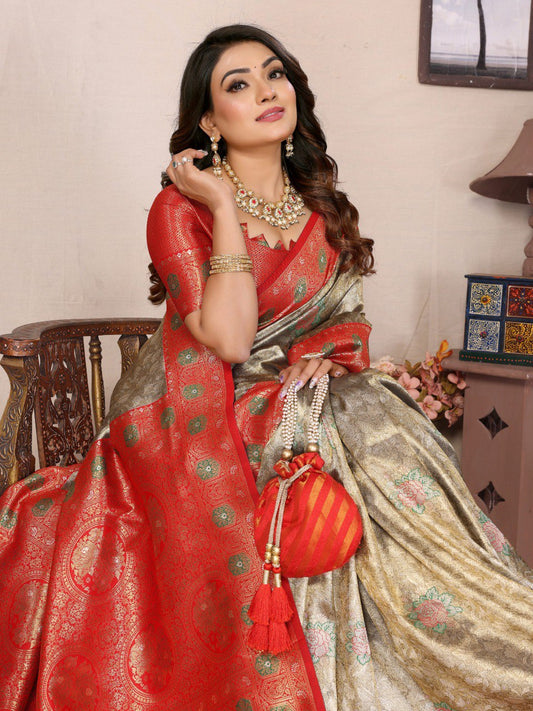 Preferable Banarasi Silk Silver & Red Color Saree