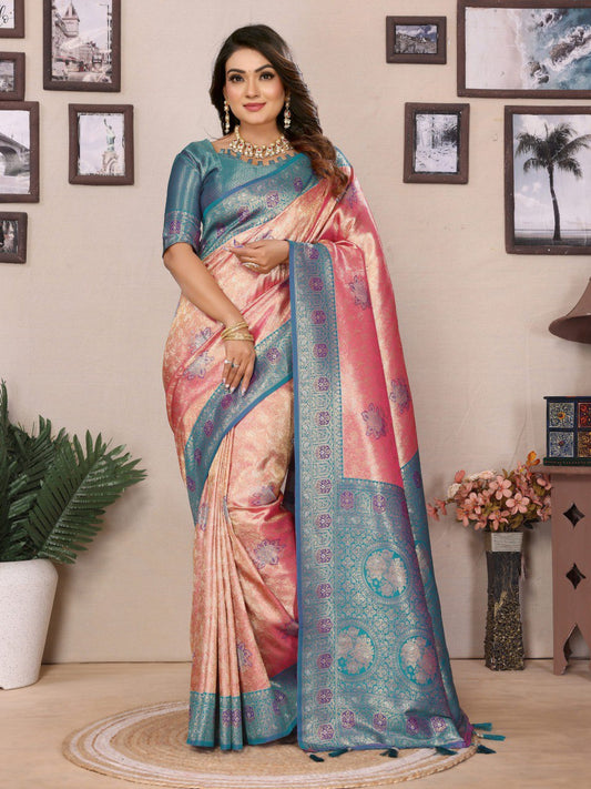 Preferable Banarasi Silk Peach & Teal Blue Color Saree