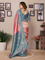 Preferable Banarasi Silk Peach & Teal Blue Color Saree