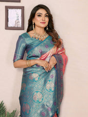 Preferable Banarasi Silk Peach & Teal Blue Color Saree