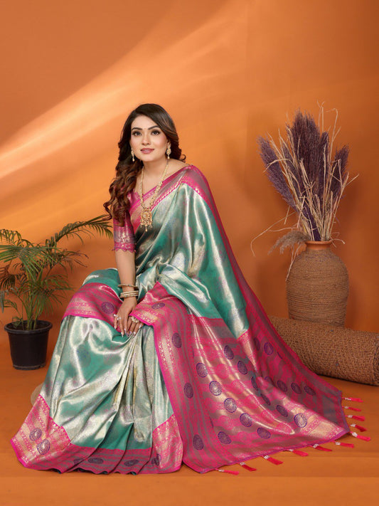 Decent Paithani Banarasi Silk Sky Blue & Pink Color Saree