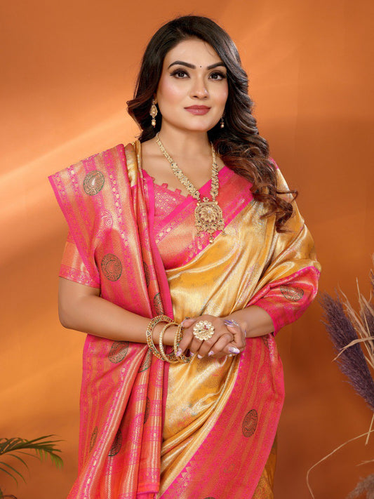 Decent Paithani Banarasi Silk Sky Yellow & Pink Color Saree