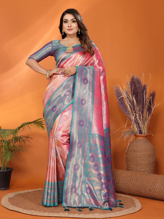 Decent Paithani Banarasi Silk Sky Pink & Teal Blue Color Saree