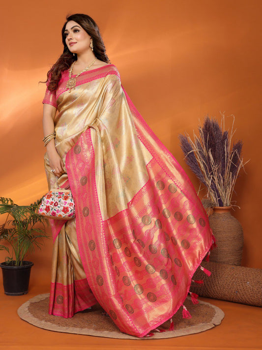Decent Paithani Banarasi Silk Sky Gold & Pink Color Saree