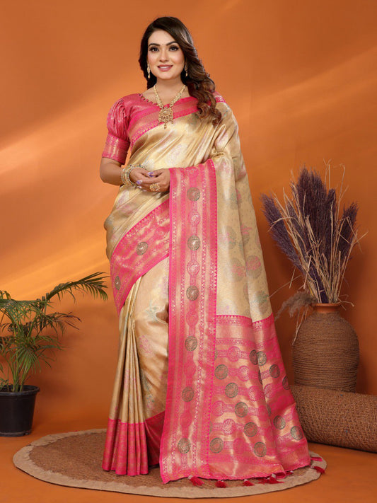 Decent Paithani Banarasi Silk Sky Gold & Pink Color Saree