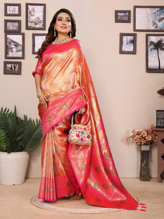 Decent Paithani Banarasi Silk Sky Orange & Pink Color Saree