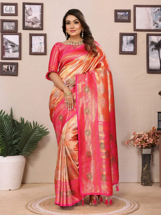 Decent Paithani Banarasi Silk Sky Orange & Pink Color Saree