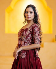 Precious Kalamkari Print Maroon Color Top With Lehenga