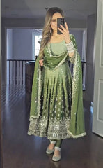 Delightful Chinon Silk Green Color Gown
