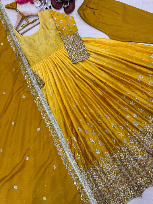 Delightful Chinon Silk Yellow Color Gown