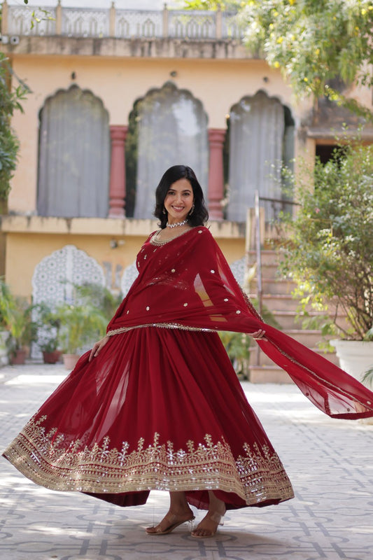 Traditional wear Embroidery Work Red Color Gown