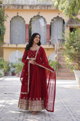Traditional wear Embroidery Work Red Color Gown