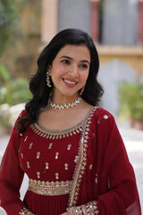 Traditional wear Embroidery Work Red Color Gown