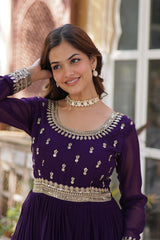 Traditional wear Embroidery Work Wine Color Gown