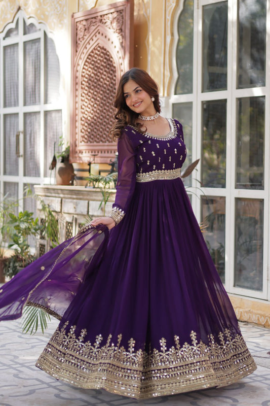 Traditional wear Embroidery Work Wine Color Gown