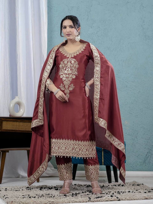 Imposing Chinnon Silk Maroon Color Salwar Suit