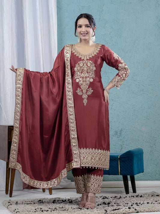 Imposing Chinnon Silk Maroon Color Salwar Suit