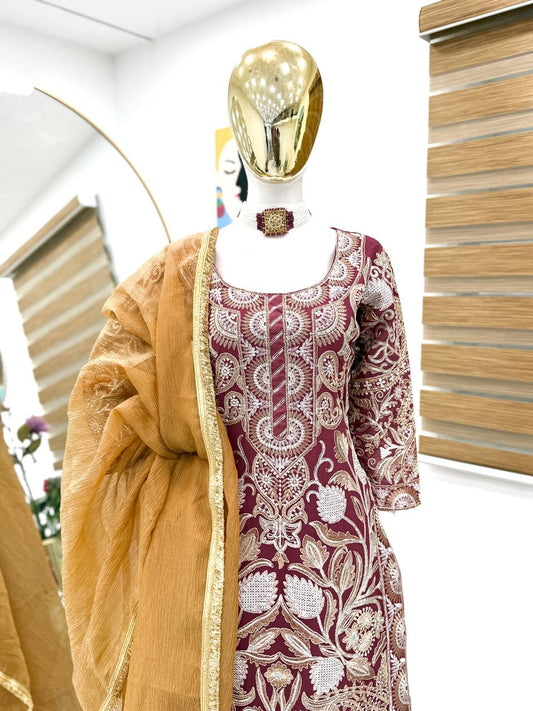 Delightful Georgette Mustard Color Palazzo Suit