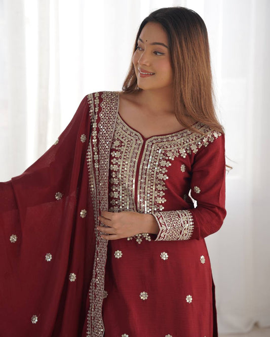 Fantastic Embroidery Sequence Work Red Color Sharara Suit