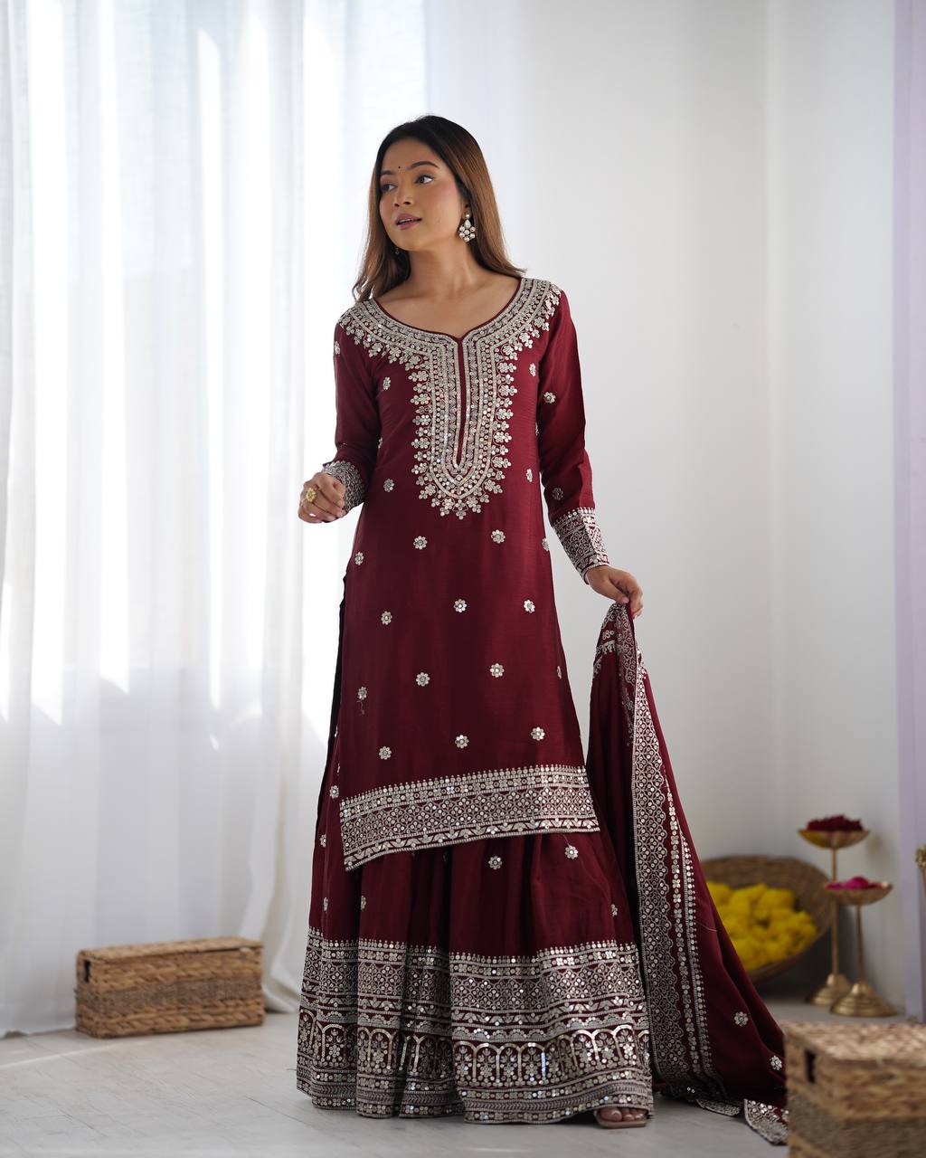 Fantastic Embroidery Sequence Work Red Color Sharara Suit