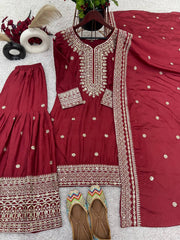 Fantastic Embroidery Sequence Work Red Color Sharara Suit
