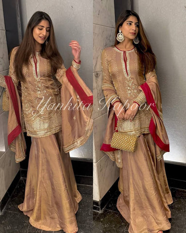 Wonderful Roman Silk Brown Color Sharara Suit