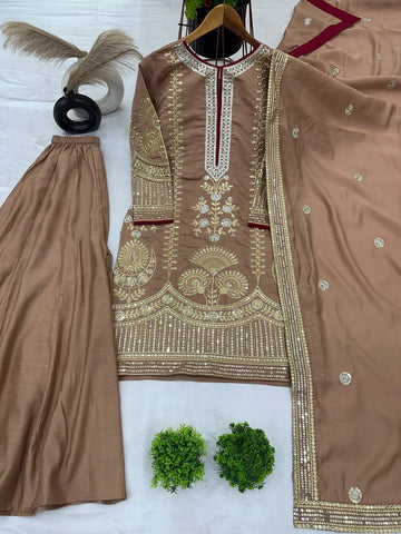 Wonderful Roman Silk Brown Color Sharara Suit