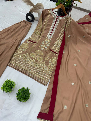 Wonderful Roman Silk Brown Color Sharara Suit