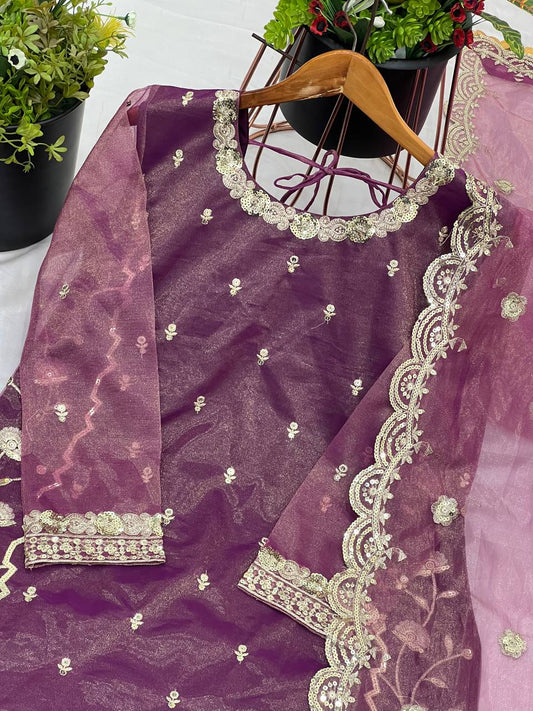 Demanding Twill Net With Heavy Embroidery Work Purple Color Sharara Suit