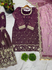 Demanding Twill Net With Heavy Embroidery Work Purple Color Sharara Suit