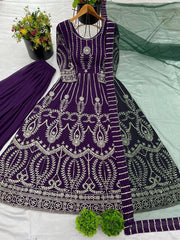 Pretty Georgette Sequence Work Wine Color Gown