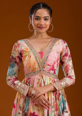 Beautiful Chinon Silk Multi Color Floral Prints Gown