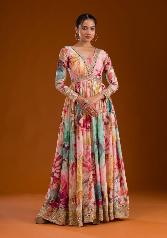 Beautiful Chinon Silk Multi Color Floral Prints Gown