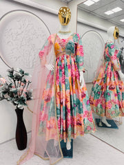 Beautiful Chinon Silk Multi Color Floral Prints Gown