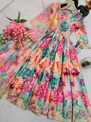 Beautiful Chinon Silk Multi Color Floral Prints Gown