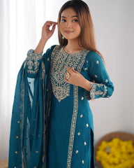 Fabulous Real Mirror Khatli Work Teal Blue Color Salwar Suit