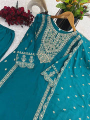 Fabulous Real Mirror Khatli Work Teal Blue Color Salwar Suit