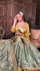 Designer Jimmy Cho Yellow And Sky Blue Color Sharara Suit