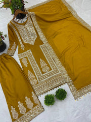 Delightful Embroidery Coding Dori Mustard Color Salwar Suit