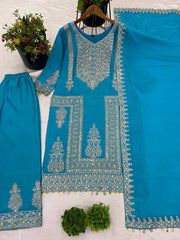 Delightful Embroidery Coding Dori Sky Blue Color Salwar Suit