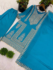Delightful Embroidery Coding Dori Sky Blue Color Salwar Suit