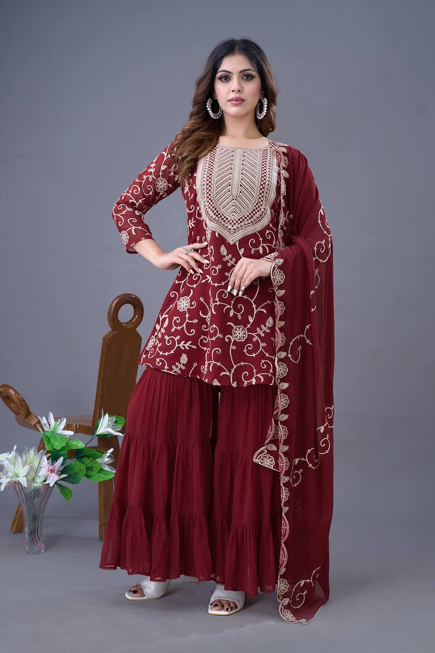 Captivating Georgette Embroidery Work Maroon Color Sharara Suit