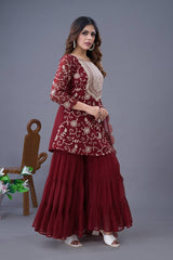 Captivating Georgette Embroidery Work Maroon Color Sharara Suit