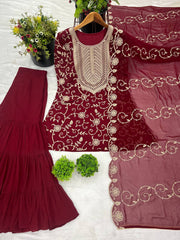 Captivating Georgette Embroidery Work Maroon Color Sharara Suit